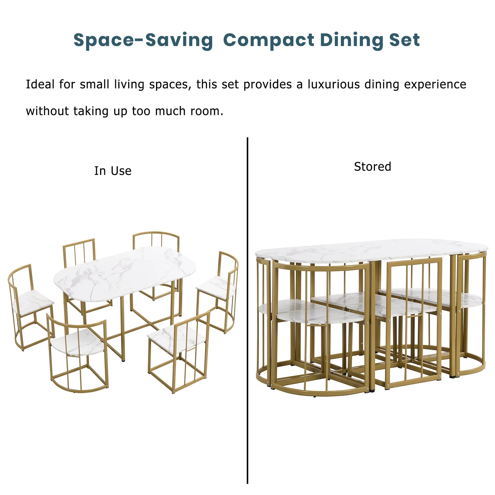 EUROCO 55"L Modern 7-Piece Dining Table Set with Faux Marble Compact, Kitchen Table Set for 6, Golden+White