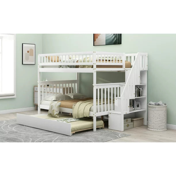 Euroco Full over Full Bunk Bed with Trundle and Storage Shelves for Kids, White