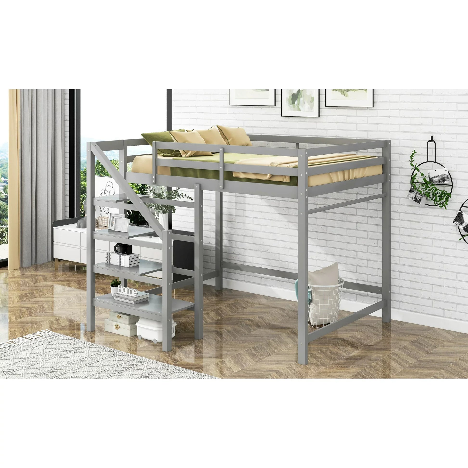 Euroco Twin Loft Bed with Shelf and Hanger for Kids Bedroom, Gray