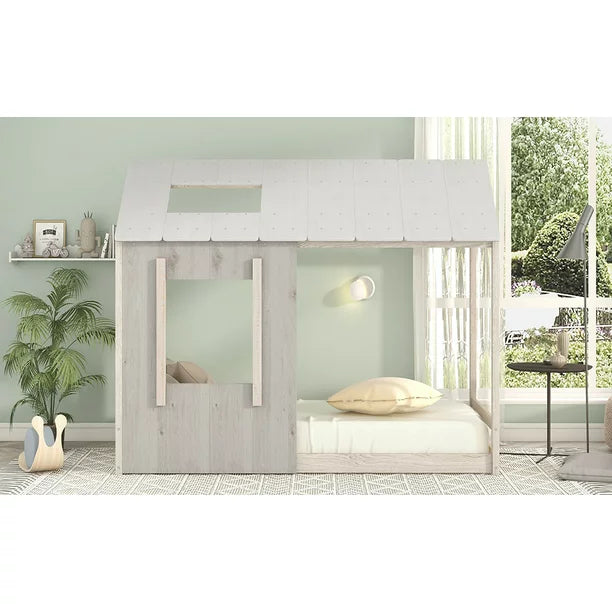 Wood Twin Classic House Platform Bed with Roof and Window for Kids, Gray