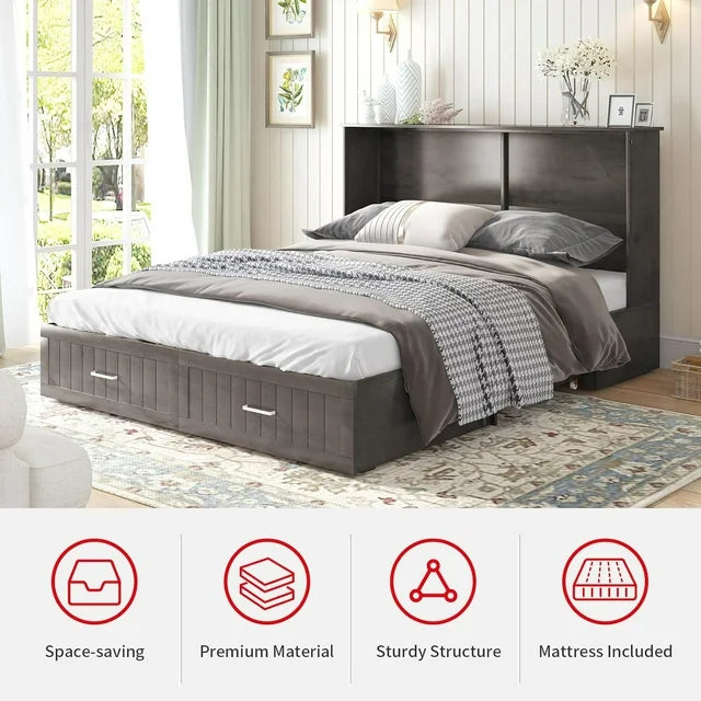 PUREMIND Murphy Bed Cabinet with Built-in Charging Station and Storage Drawer, Solid Wood Cabinet Bed Queen Size with Mattress, Murphy Cube Chest Bed for Guest Room, Home, Office(Style 3/Gray)