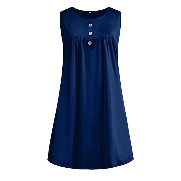 MIARHB Women's Dress Fashion Casual Dress V-Neck Sleeveless Solid Button Vest Beach Skirt, Navy, S
