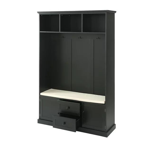 EUROCO 47.2"W Large Entryway Hall Tree with Storage Bench and Coat Rack, 3 Hooks, 3 Shelves for Hallway Living Room Bedroom Home,Black