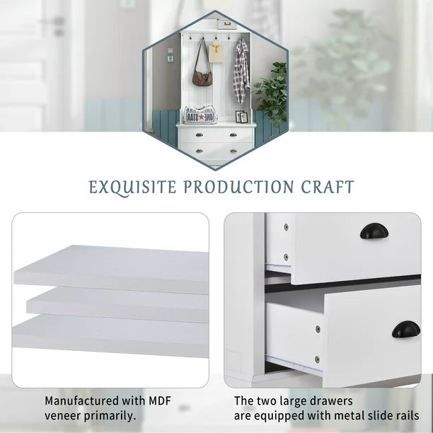 EUROCO 75" Large Entryway Hall Tree with Storage Bench and Coat Rack, 5 Hooks, 2 Drawers for Hallway Living Room Bedroom Home,White