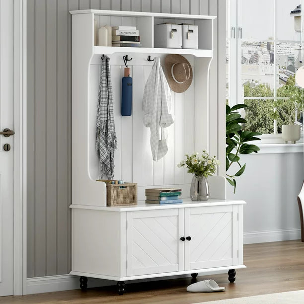 EUROCO 65" Entryway Hall Tree with Storage Bench and Coat Rack, 4 Hooks, 2 Shelves for Hallway Living Room Bedroom Home,White