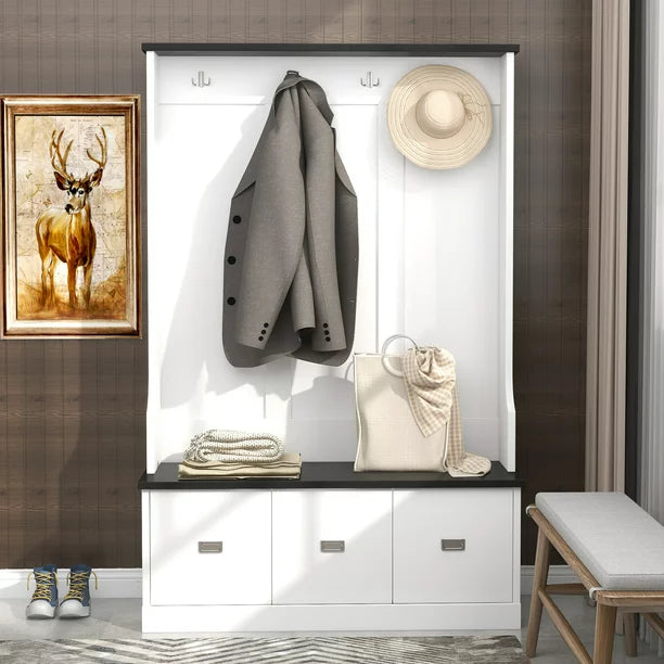 EUROCO 72.1" Large Entryway Hall Tree with Storage Bench and Coat Rack, 4 Hooks, 3 Large Drawers for Hallway Living Room Bedroom Home, White