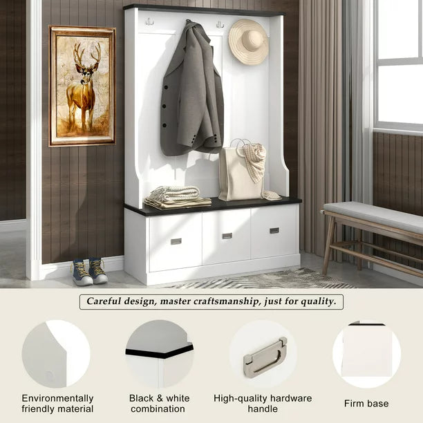 EUROCO 72.1" Large Entryway Hall Tree with Storage Bench and Coat Rack, 4 Hooks, 3 Large Drawers for Hallway Living Room Bedroom Home, White