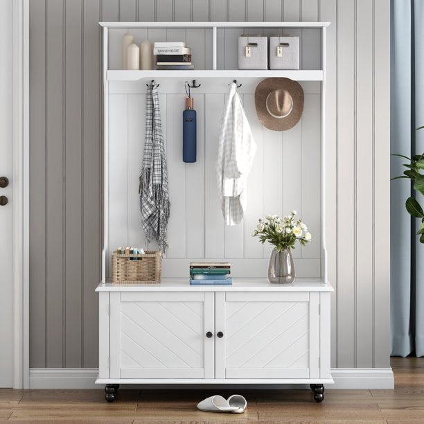 EUROCO 65" Entryway Hall Tree with Storage Bench and Coat Rack, 4 Hooks, 2 Shelves for Hallway Living Room Bedroom Home,White