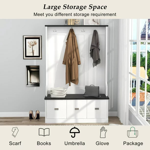 EUROCO 72.1" Large Entryway Hall Tree with Storage Bench and Coat Rack, 4 Hooks, 3 Large Drawers for Hallway Living Room Bedroom Home, White