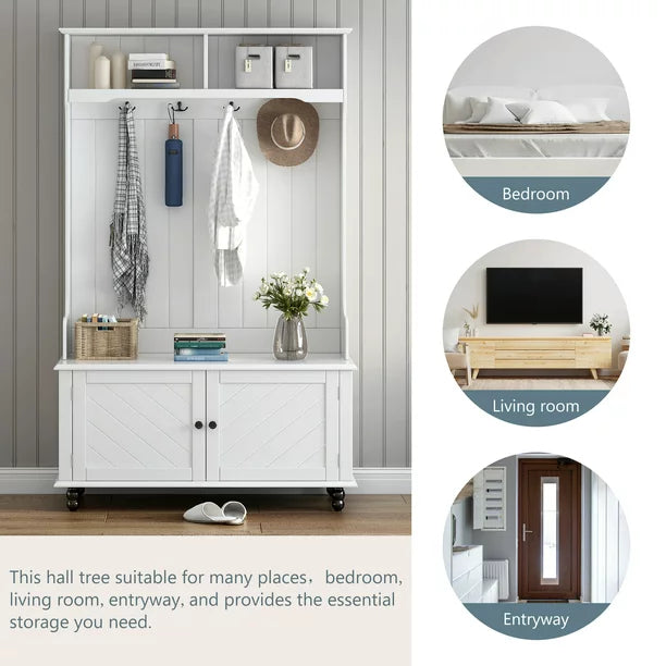 EUROCO 65" Entryway Hall Tree with Storage Bench and Coat Rack, 4 Hooks, 2 Shelves for Hallway Living Room Bedroom Home,White
