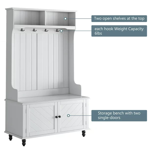 EUROCO 65" Entryway Hall Tree with Storage Bench and Coat Rack, 4 Hooks, 2 Shelves for Hallway Living Room Bedroom Home,White