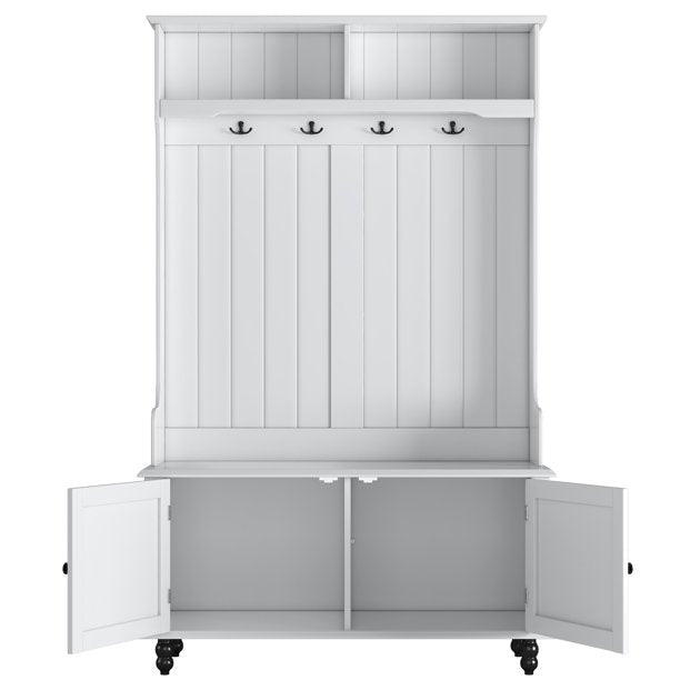 EUROCO 65" Entryway Hall Tree with Storage Bench and Coat Rack, 4 Hooks, 2 Shelves for Hallway Living Room Bedroom Home,White