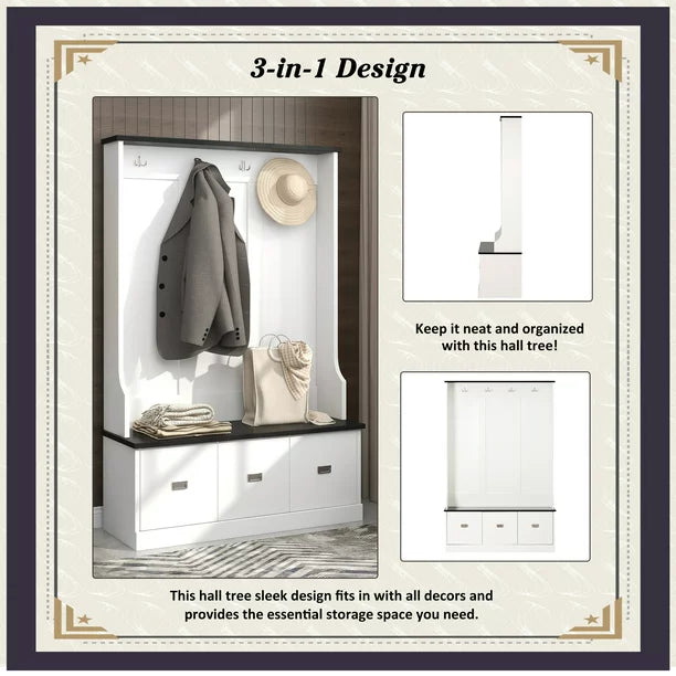 EUROCO 72.1" Large Entryway Hall Tree with Storage Bench and Coat Rack, 4 Hooks, 3 Large Drawers for Hallway Living Room Bedroom Home, White