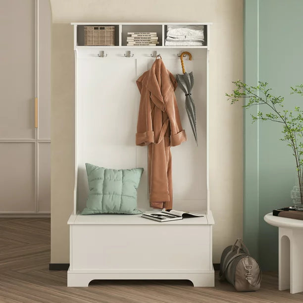 EUROCO 70.8" Large Entryway Hall Tree with Storage Bench and Coat Rack, 4 Hooks, Hinged Lid for Hallway Living Room Bedroom Home,White