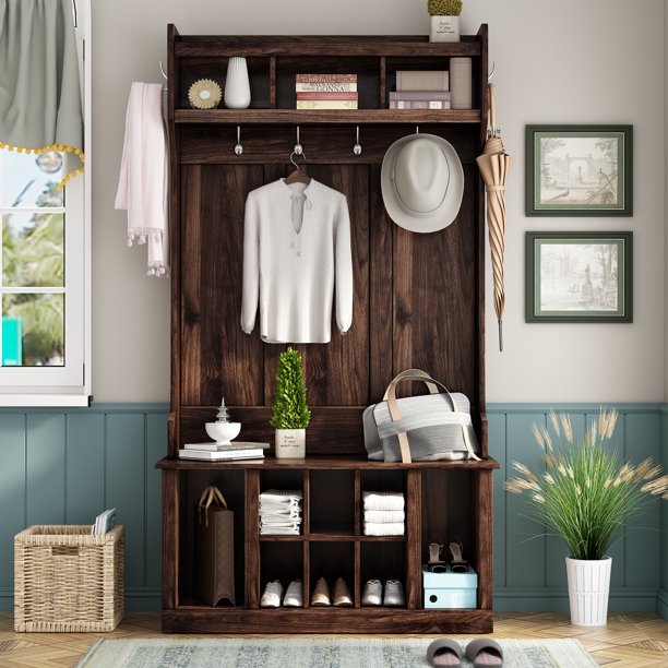 EUROCO 70.8" Entryway Hall Tree with Storage Bench and Coat Rack, 6 Hooks, 3 Shelves for Hallway Living Room Bedroom Home,Tiger