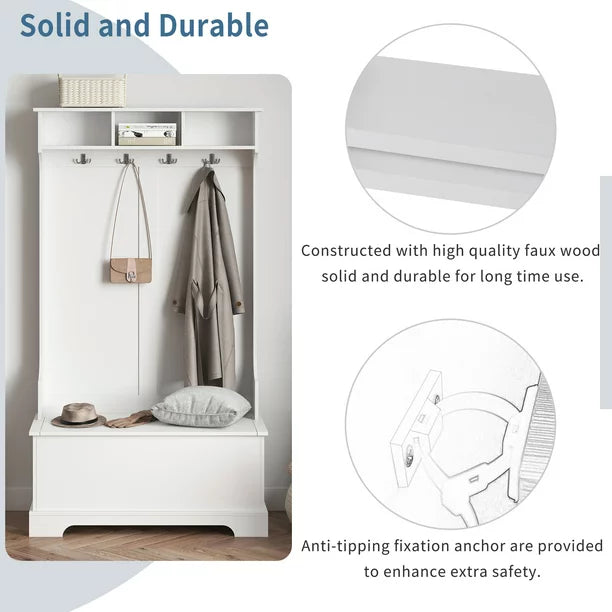 EUROCO 70.8" Large Entryway Hall Tree with Storage Bench and Coat Rack, 4 Hooks, Hinged Lid for Hallway Living Room Bedroom Home,White