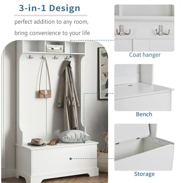 EUROCO 70.8" Large Entryway Hall Tree with Storage Bench and Coat Rack, 4 Hooks, Hinged Lid for Hallway Living Room Bedroom Home,White