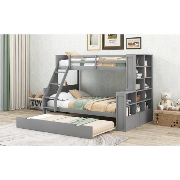 Pine Wood Twin over Full Bunk Bed with Trundle and Display Shelves for Kids Bedroom, Gray