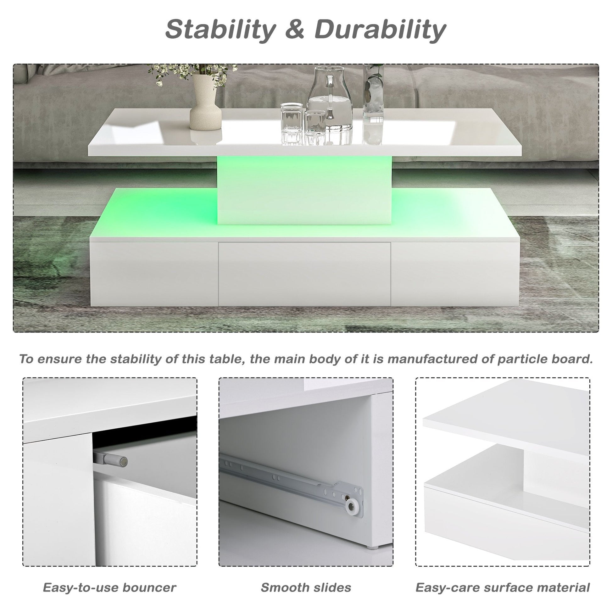 EUROCO 39.3" Coffee Table with Drawer,2-Tier Rectangle LED Center Table White High Gloss Finish
