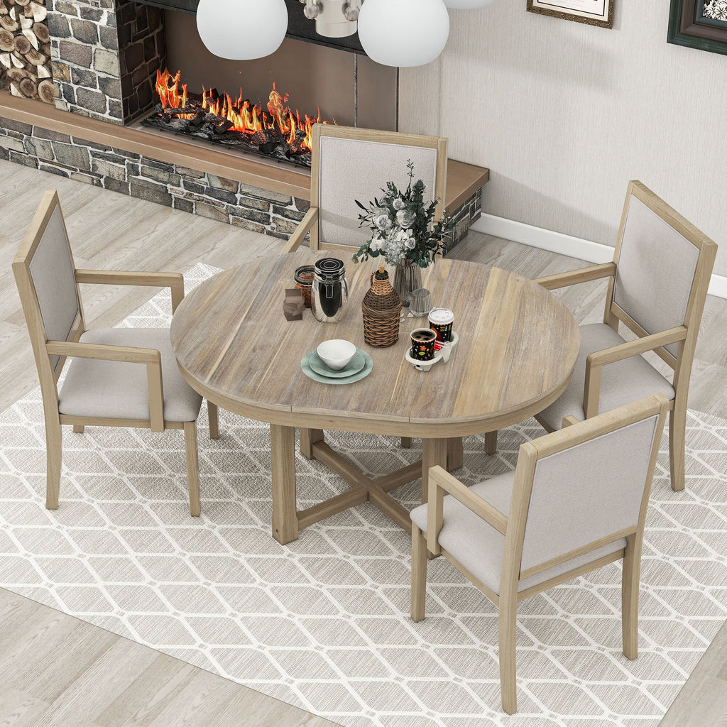 EUROCO 57.7" 5-Piece Dining Table Set with Extendable Butterfly Leaf,Two-Size Round To Oval Solid Wood Dining Table and 4 Upholstered Dining Chairs with Armrests,Natural Wood Wash