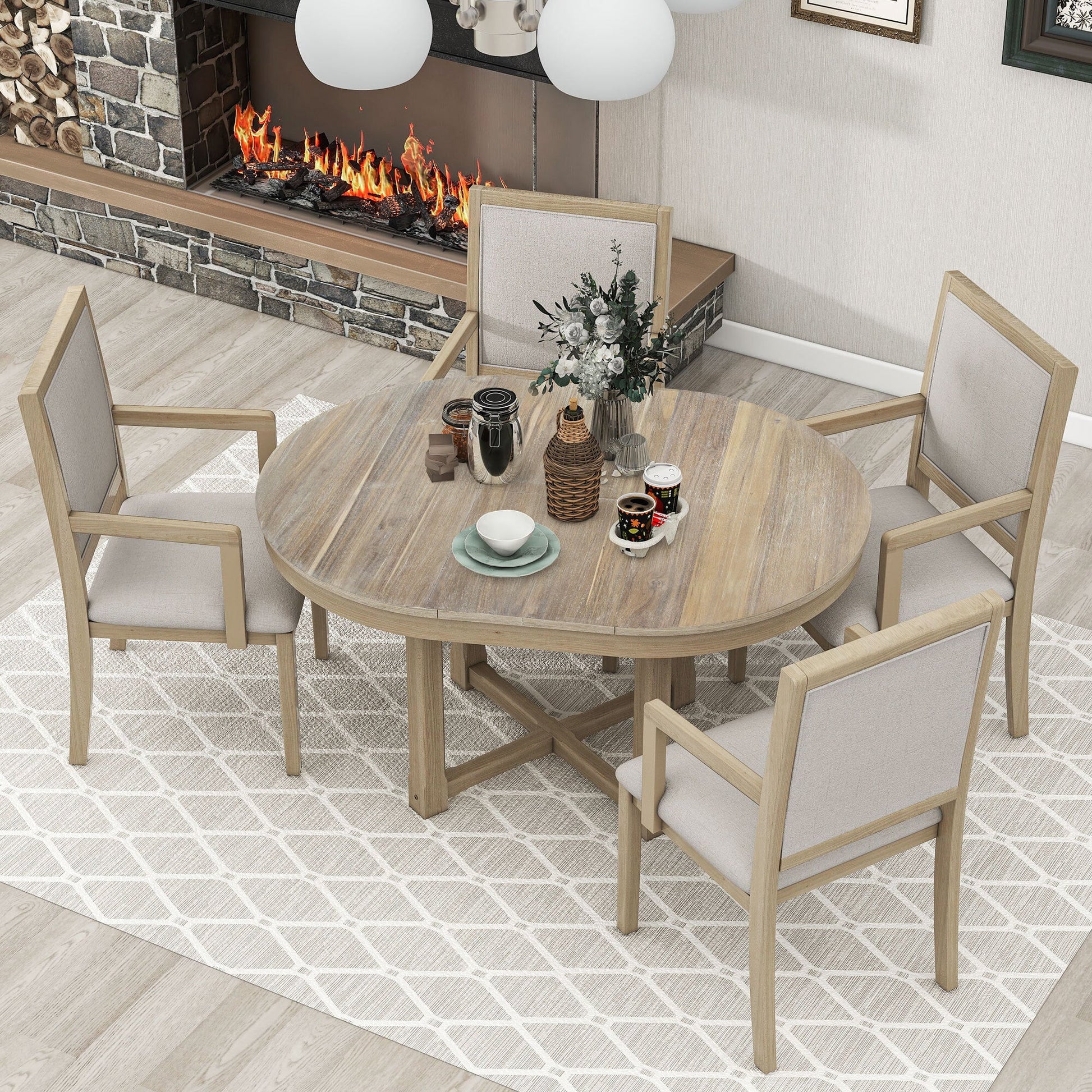 EUROCO 57.7" 5-Piece Dining Table Set with Extendable Butterfly Leaf,Two-Size Round To Oval Solid Wood Dining Table and 4 Upholstered Dining Chairs with Armrests,Natural Wood Wash