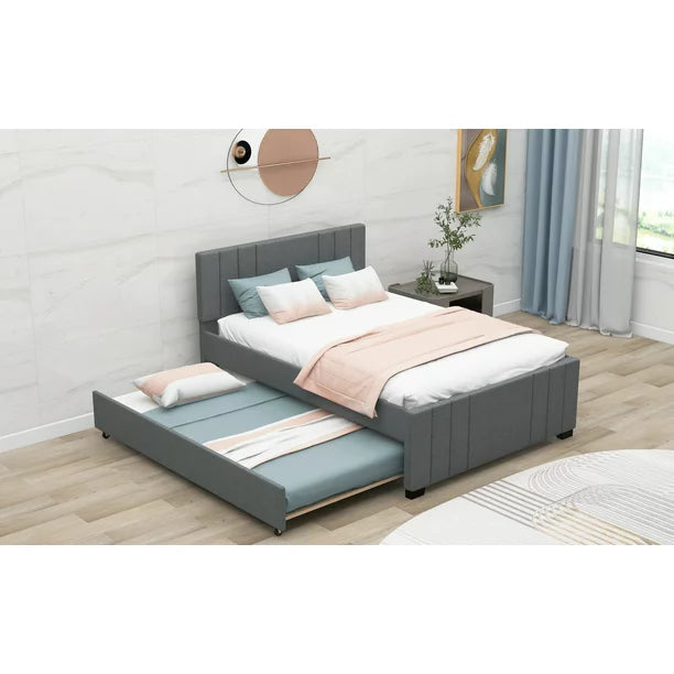 Euroco Full Size Upholstered Platform Bed with Trundle for Kids, Gray