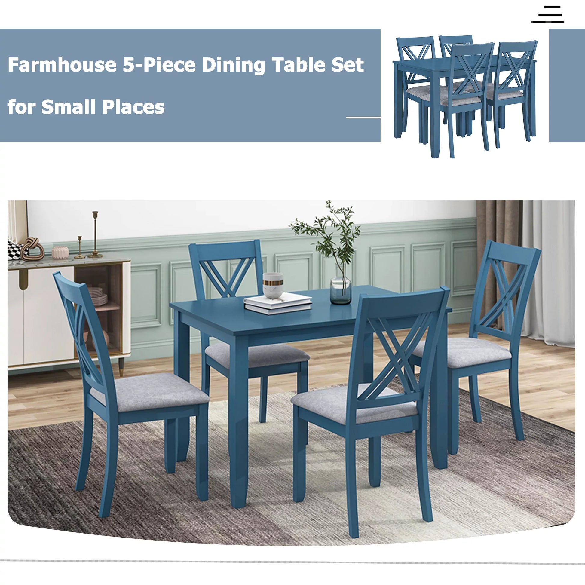 Wood 5-Piece 44.5" Dining Table Set with 4 X-Back Chairs for Small Places, Blue
