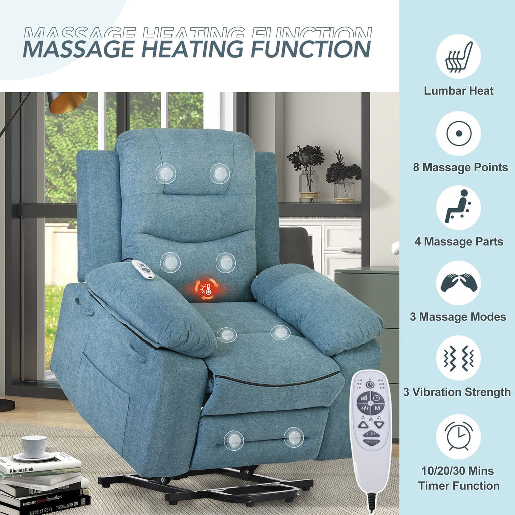 EUROCO 39.8"W Power Lift Recliner Chair Recliners for Elderly with Heat, Vibration and Massage Recliner Chair for Living room with Side Pocket, Infinite Position,Blue