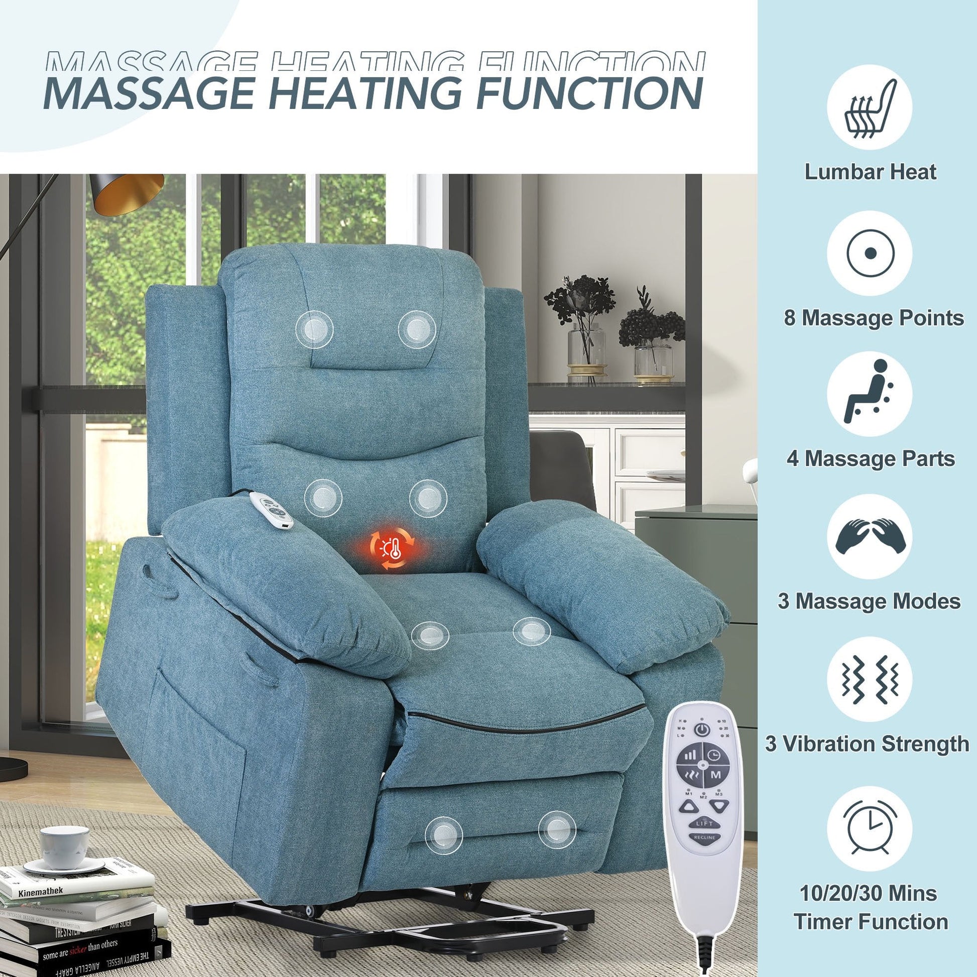 EUROCO 39.8"W Power Lift Recliner Chair Recliners for Elderly with Heat, Vibration and Massage Recliner Chair for Living room with Side Pocket, Infinite Position,Blue