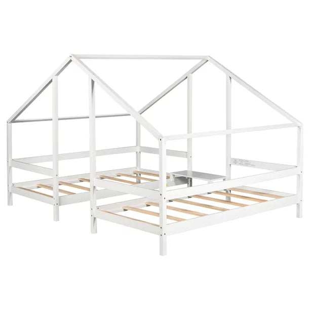 Wood Twin House Two Beds in One with Movable Desk for Kids Bedroom, White