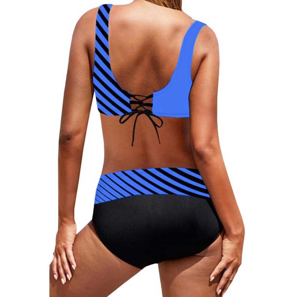 MIARHB Women's Split Print Bikini Sexy Swimming Costume with Bra Pads and No Steel Bra, Blue, L