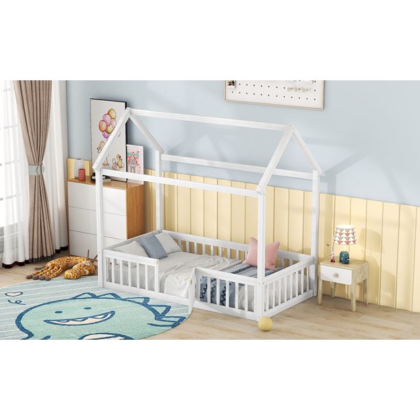 Euroco Twin Size Low House Bed with Fence and Door, White