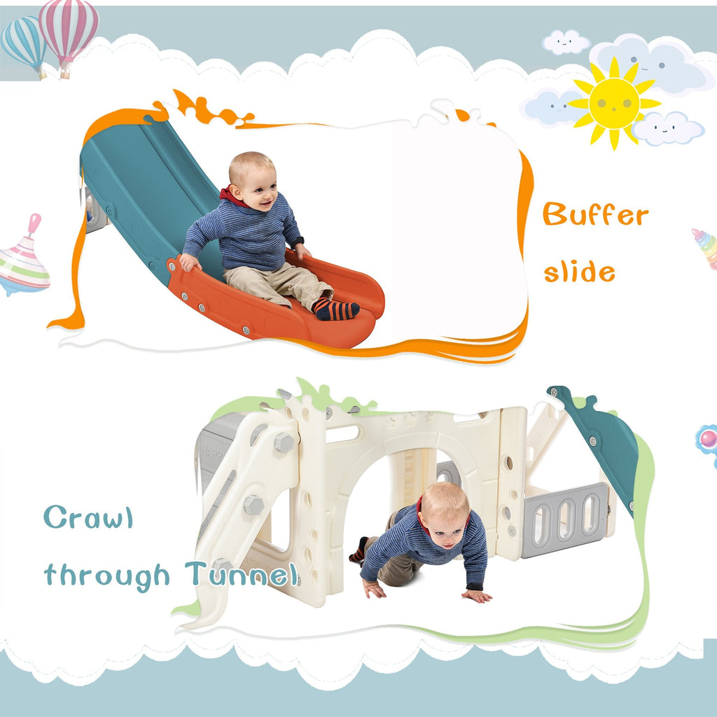 EUROCO Kids Slide Playset Structure, Freestanding Castle Climbing Crawling Playhouse with Slide, Arch Tunnel, Ring Toss, and Basketball Hoop, Toy Storage Organizer for Toddler
