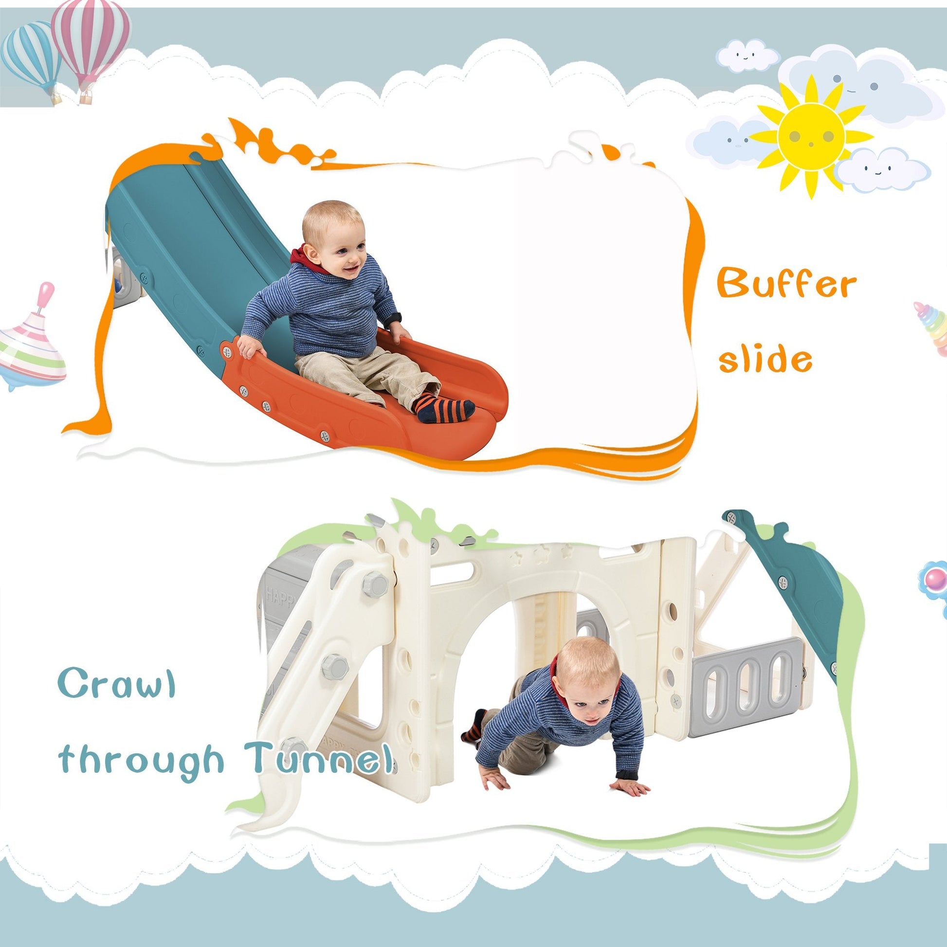EUROCO Kids Slide Playset Structure, Freestanding Castle Climbing Crawling Playhouse with Slide, Arch Tunnel, Ring Toss, and Basketball Hoop, Toy Storage Organizer for Toddler