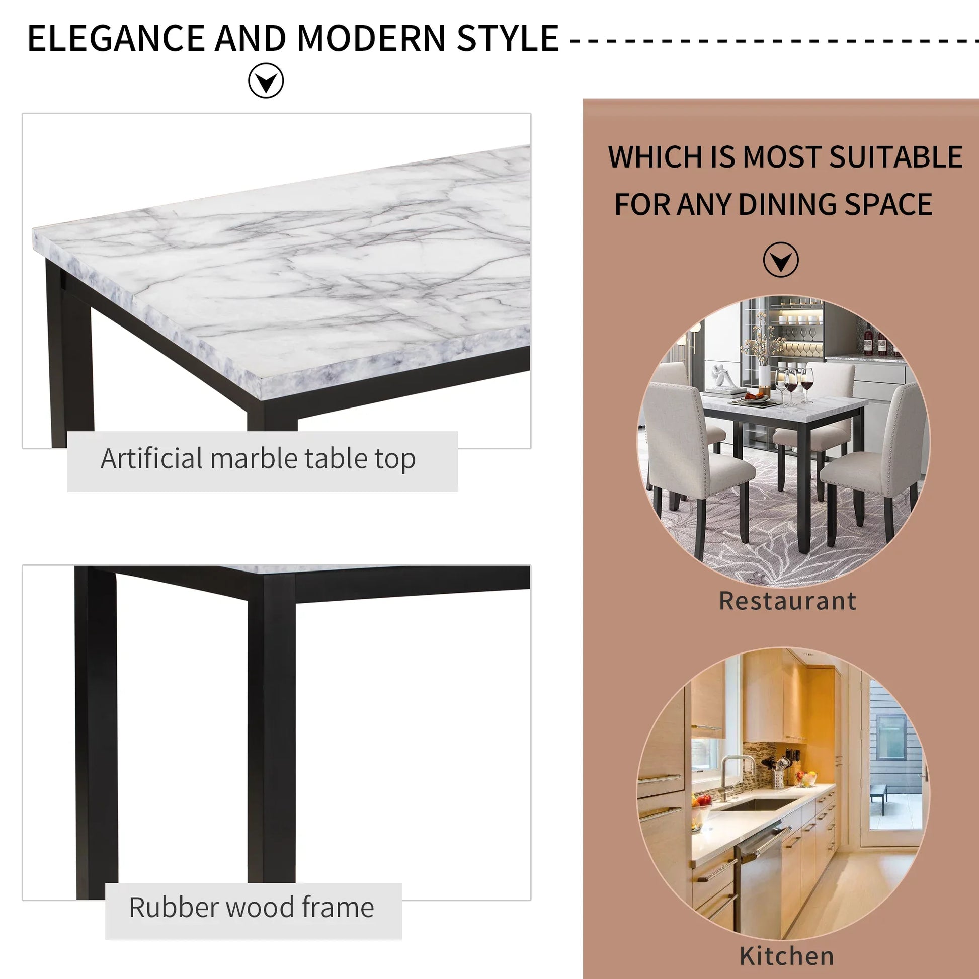 Euroco 45.3" Faux Marble 5-Piece Dining Set Table with 4 Thicken Cushion Dining Chairs Home Furniture, White/Beige+Black