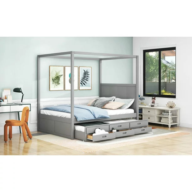 EUROCO Queen Size Canopy Platform Bed with Trundle and Drawers, Gray