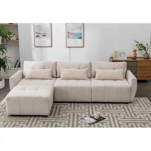 Euroco Convertible Sectional Sofa with Ottaman, L-Shaped Sofa with USB Port for Living Room, Beige, 113.3" L