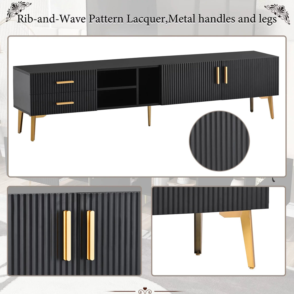 EUROCO Modern TV Stand with 2 Drawers & 3 Shelves & 2 Cabinets and 5 Champagne legs for TVs up to 77", Black