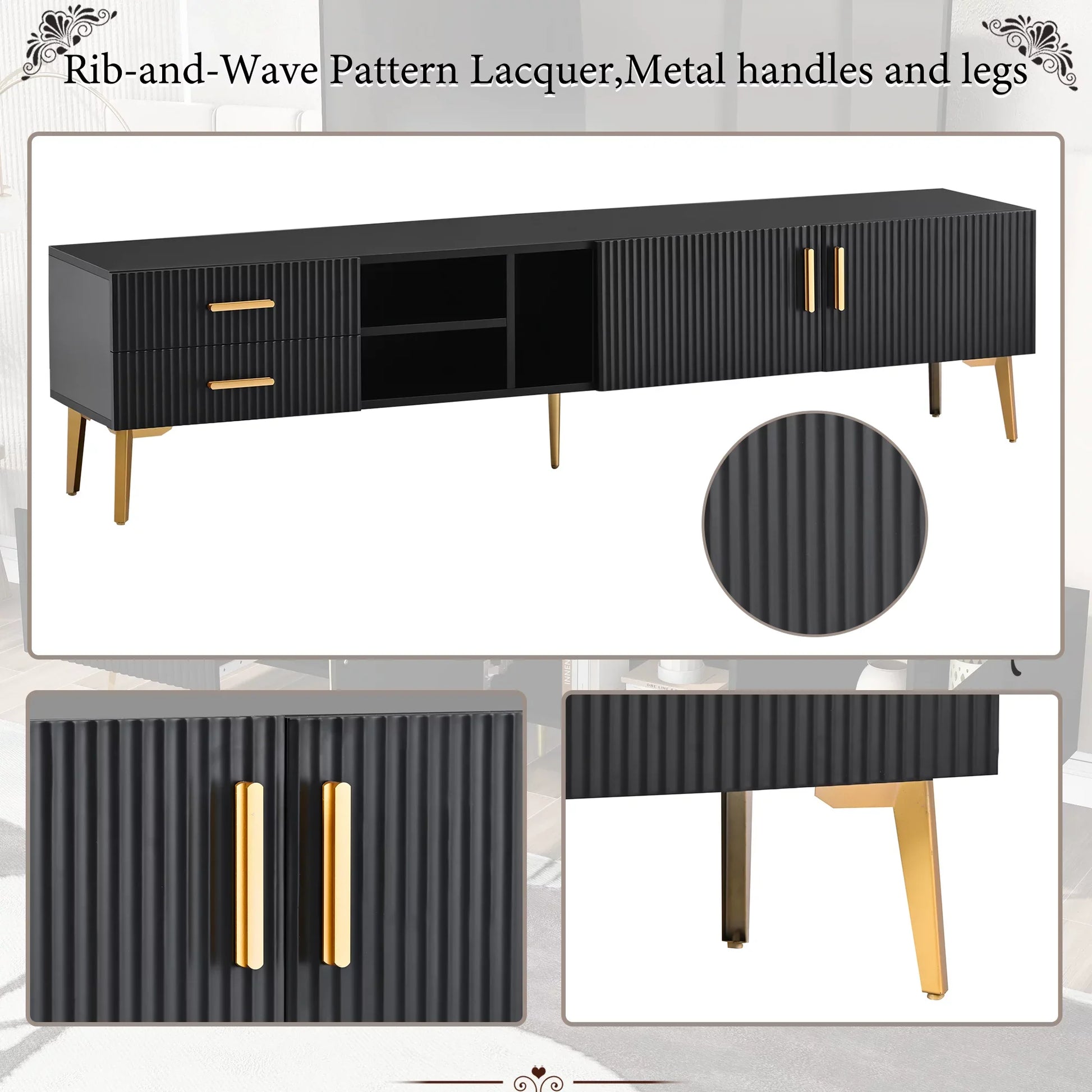 EUROCO Modern TV Stand with 2 Drawers & 3 Shelves & 2 Cabinets and 5 Champagne legs for TVs up to 77", Black