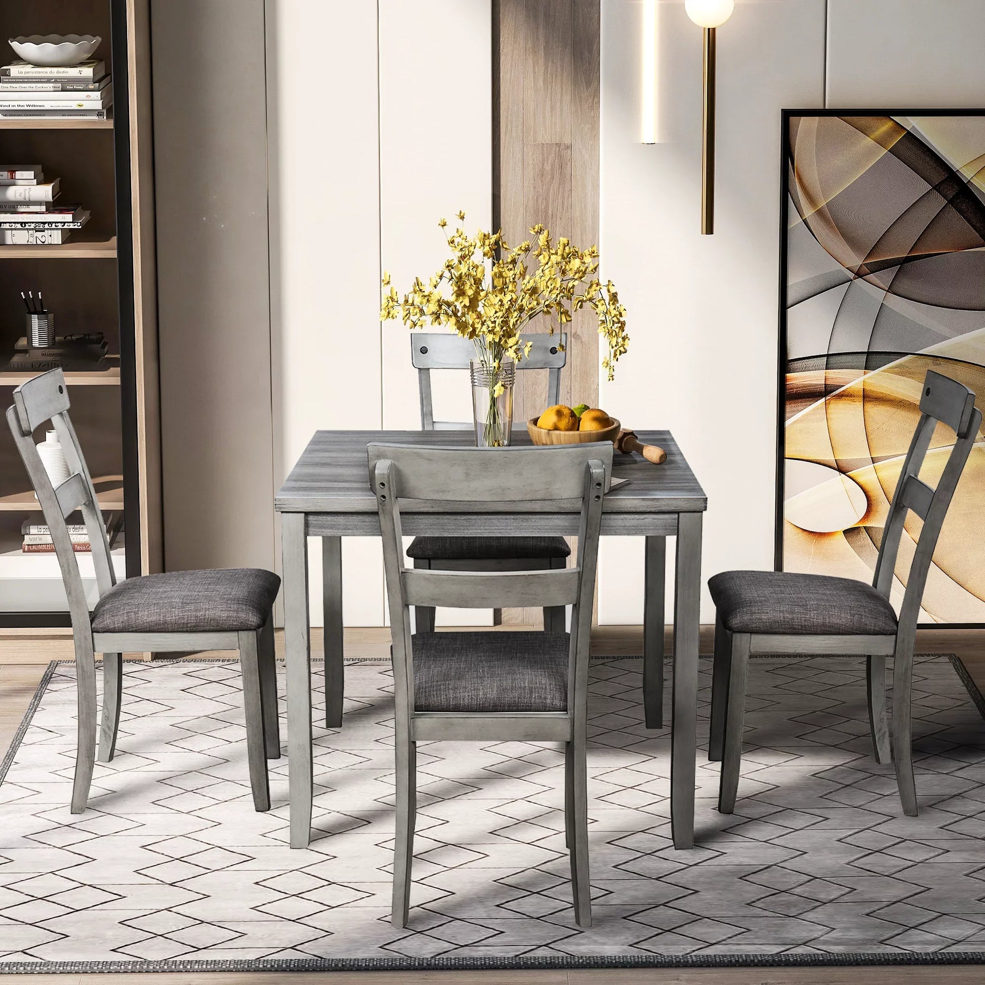 EUROCO 4 Person Modern Farmhouse Wood Small Dining Table Dining Room Kitchen Table Set Dining 4 Chairs Set, 35 Inch, Grey