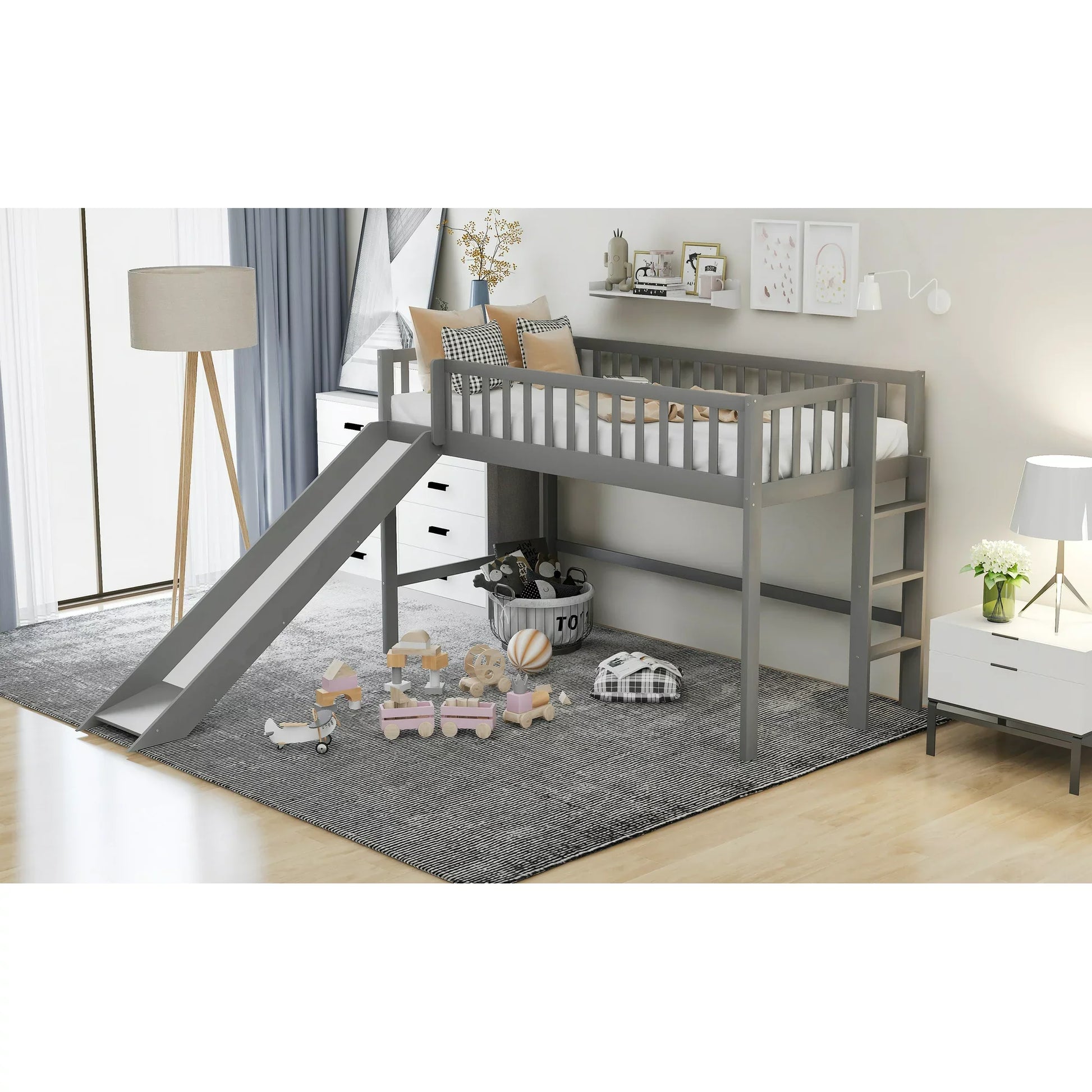 Euroco Wood Low Twin Loft Bed with Vertical Ladder and Slide, Gray