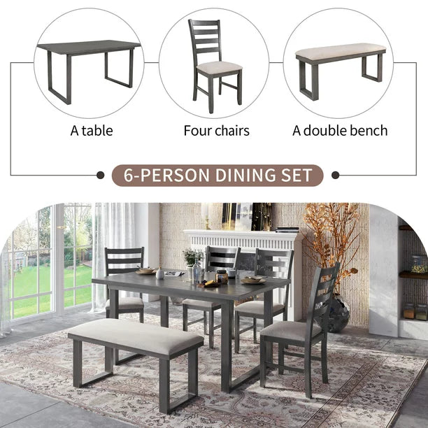 EUROCO 6 Piece Kitchen Dining Table and Chair Set,60” Dining Room Table Set with Solid Wood Tbale,4 Fabric Chairs and 1 Fabric Bench,Rectangle Dining Table Set for 6