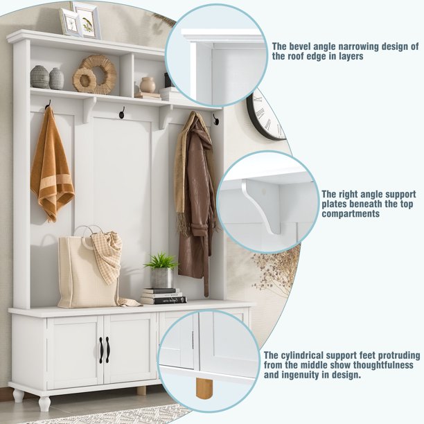 EUROCO 80.3" Large Entryway Hall Tree with Storage Bench and Coat Rack, 5 Hooks, 2 Large Drawers for Hallway Living Room Bedroom Home, White