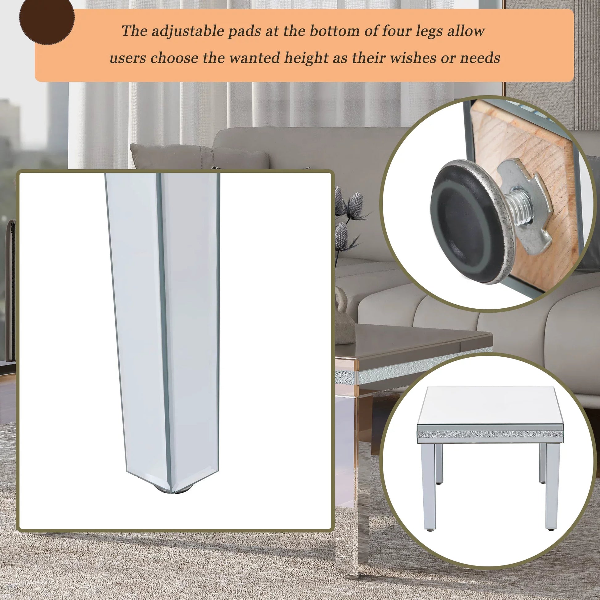 EUROCO 35.4” Mirrored Coffe Table with Adjustable Height Legs,Mirrored Cocktail Table Crystal Glass(Silver)