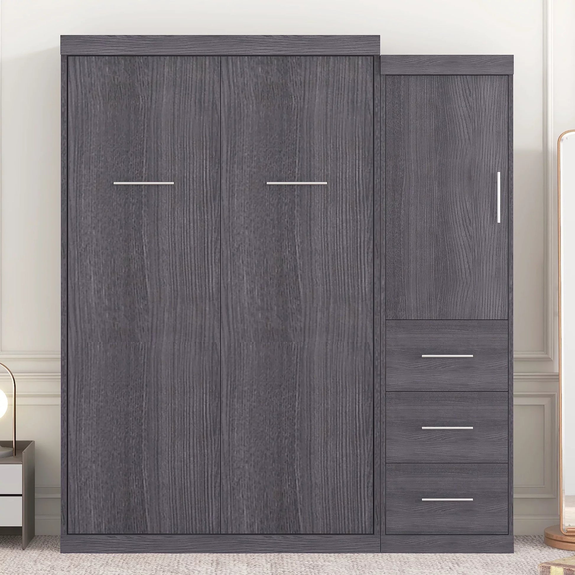 Wood Twin Murphy Wall Bed with Wardrobe and Drawers for Kids Bedroom, Gray