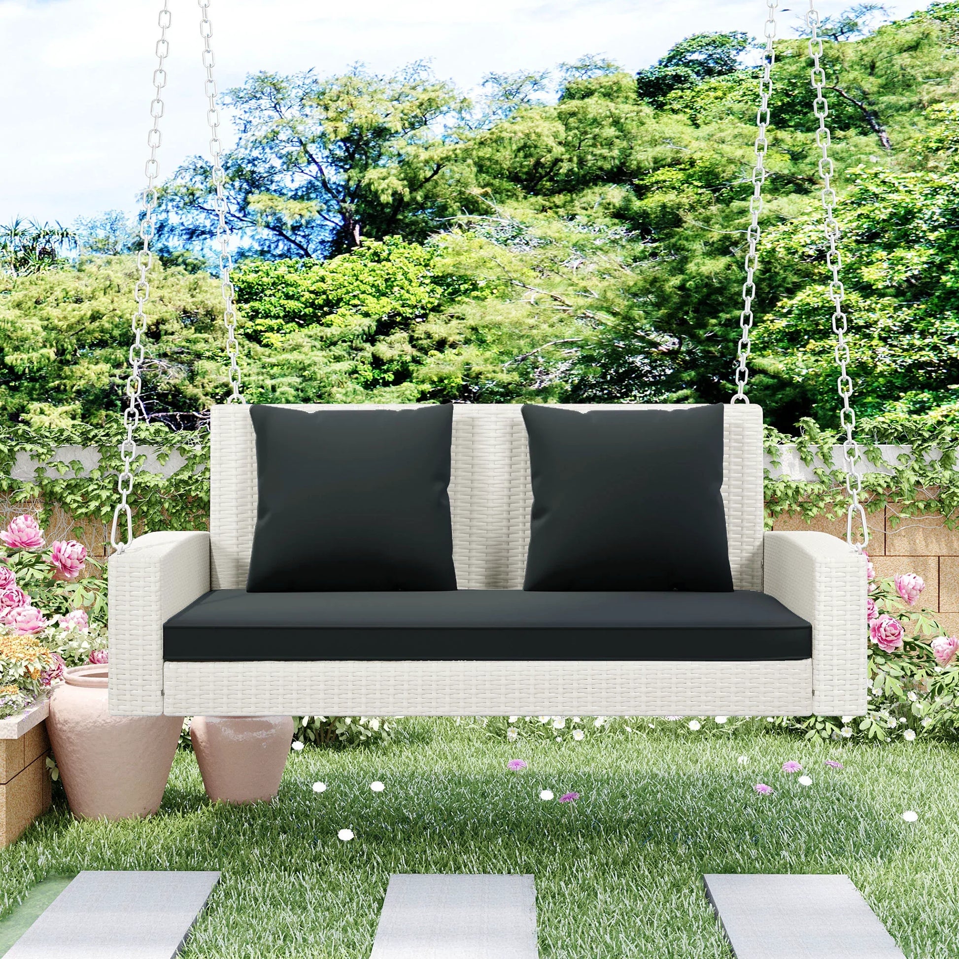 Euroco 2-Person Wicker Hanging Porch Swing with Chains, Cushion, Pillow, Rattan Swing Bench for Garden, Backyard, Pond, Gray