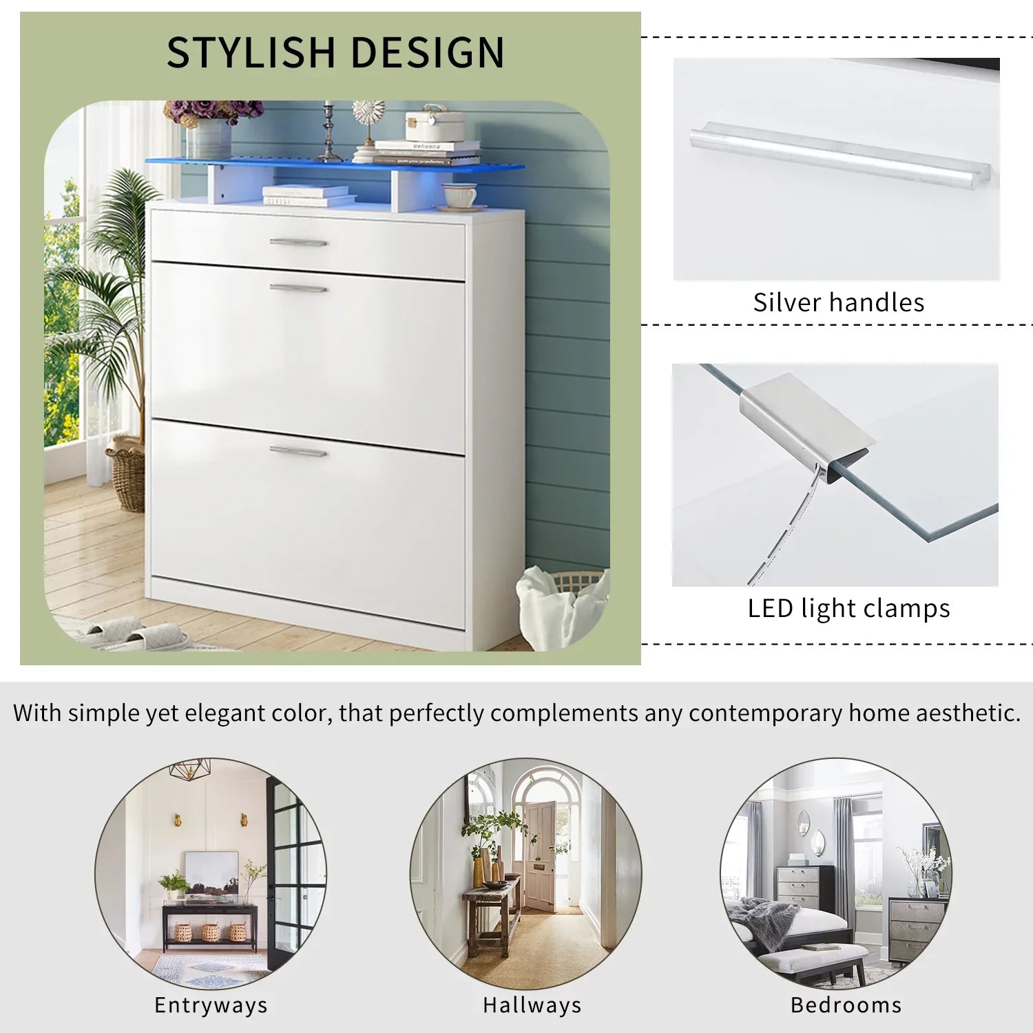 EUROCO Shoe Rack Slim Entryway Organizer with 2 Flip Drawers,Shoe Storage Cabinet with Drawer and Tempered Glass Top,Free Standing Shoe Rack with LED Light for Hallway, White