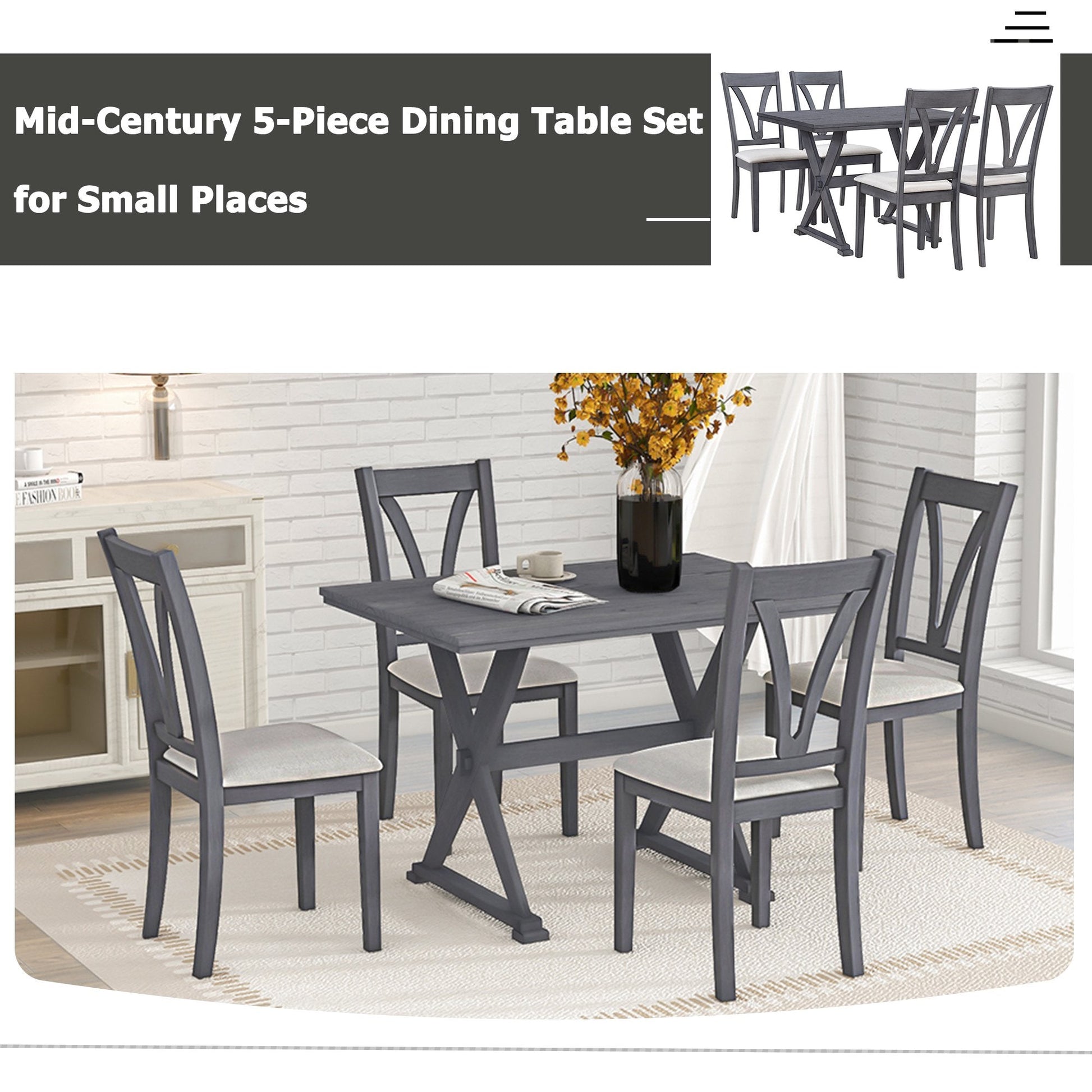 EUROCO Mid-Century Wood 5-Piece Dining Table Set with 4 Upholstered Dining Chairs for Small Places, Antique Grey