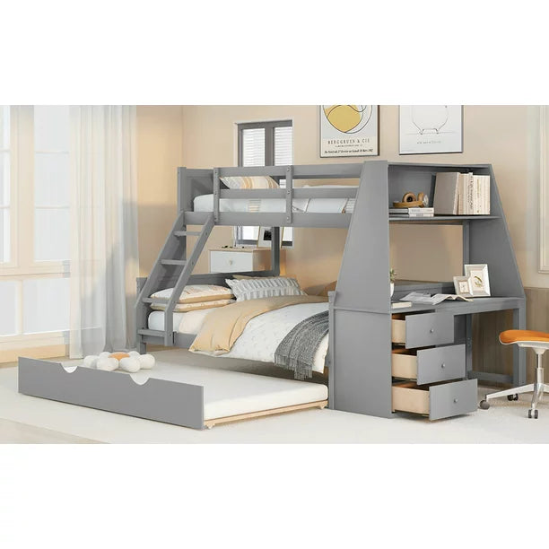 EUROCO Twin over Full Bunk Bed with Trundle and Attached Cabinet, Desk and Drawers, Gray