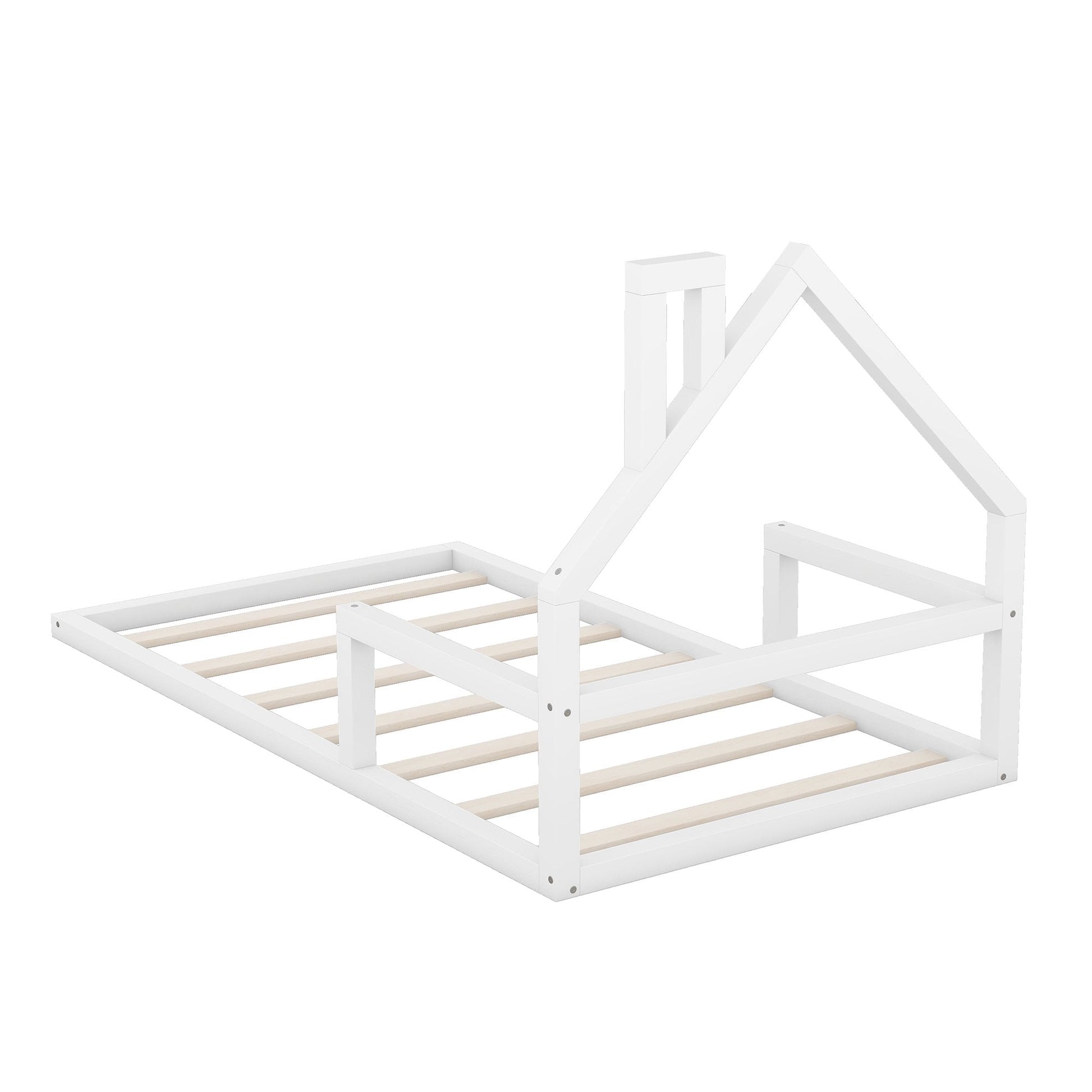 Euroco Twin Size Wood Floor Bed for Kids Room, White